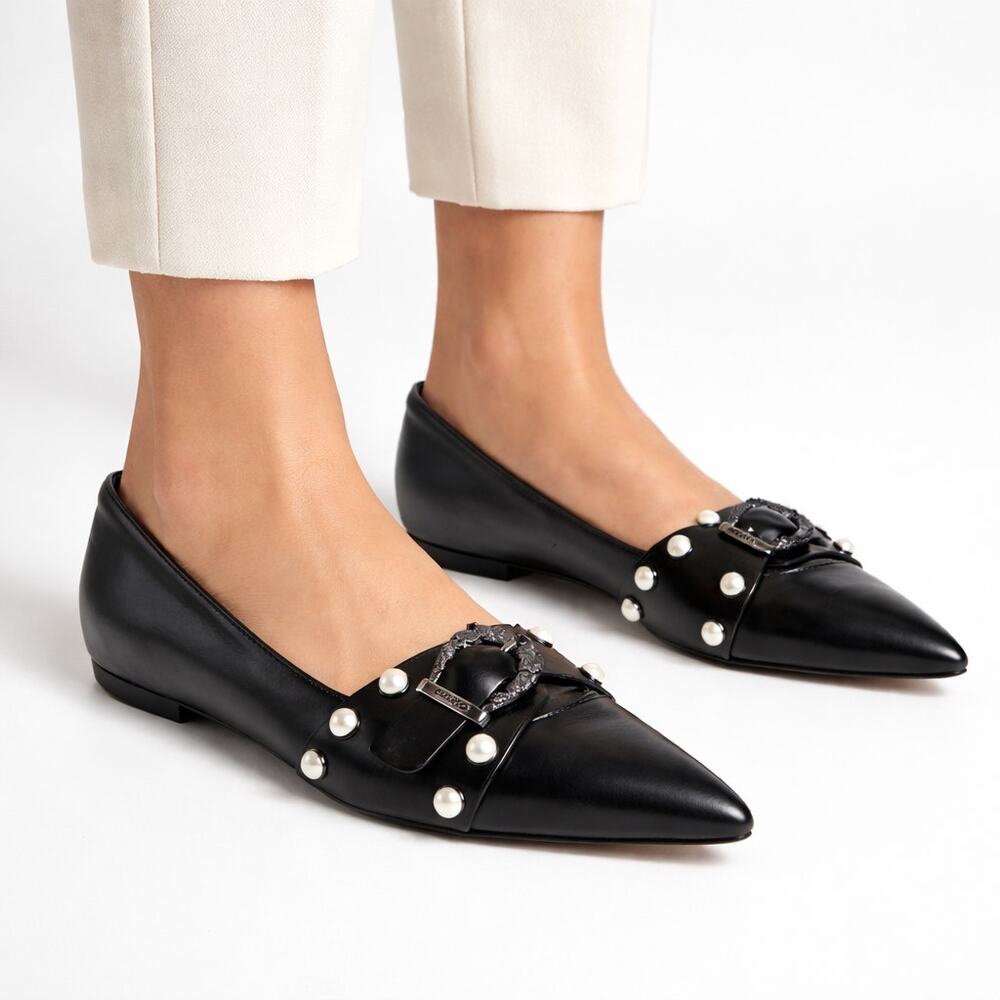 Pinko Pearl Buckle Studded Ballet Flat Women 37 Black Italian Leather Pointy Toe